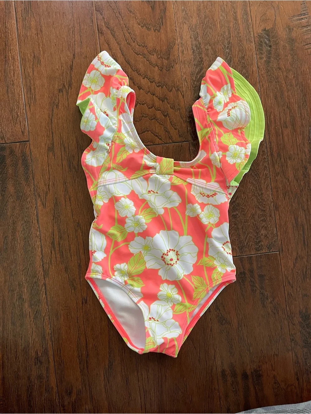 Janie and Jack Coral Floral Ruffle One-Piece Swimsuit with Lime Accents New